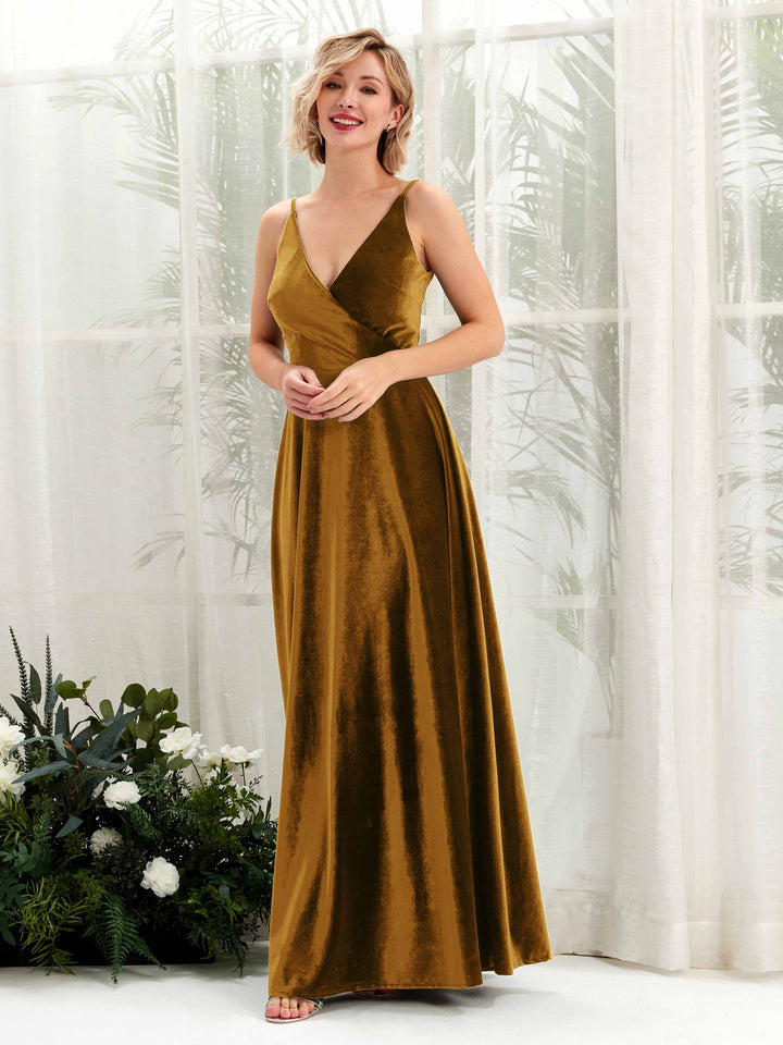 Burnished Gold Velvet Maxi - Sleeveless Dress - V neck Dress – Carlyna