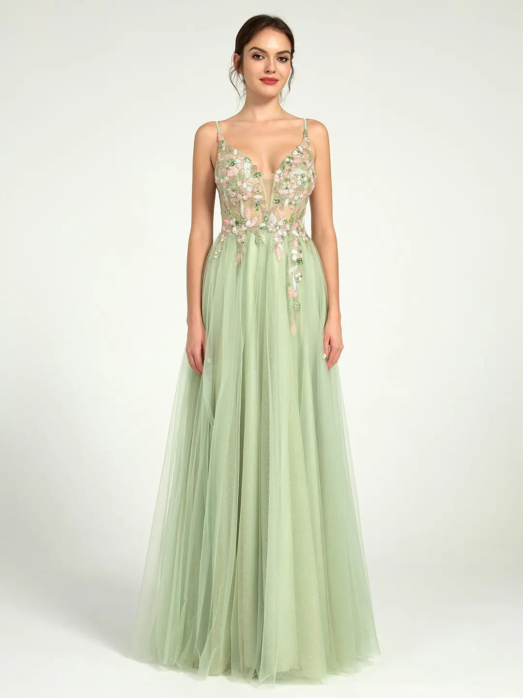 Beaded Floral A-Line Maxi Dress with Plunge Neck and Open Back