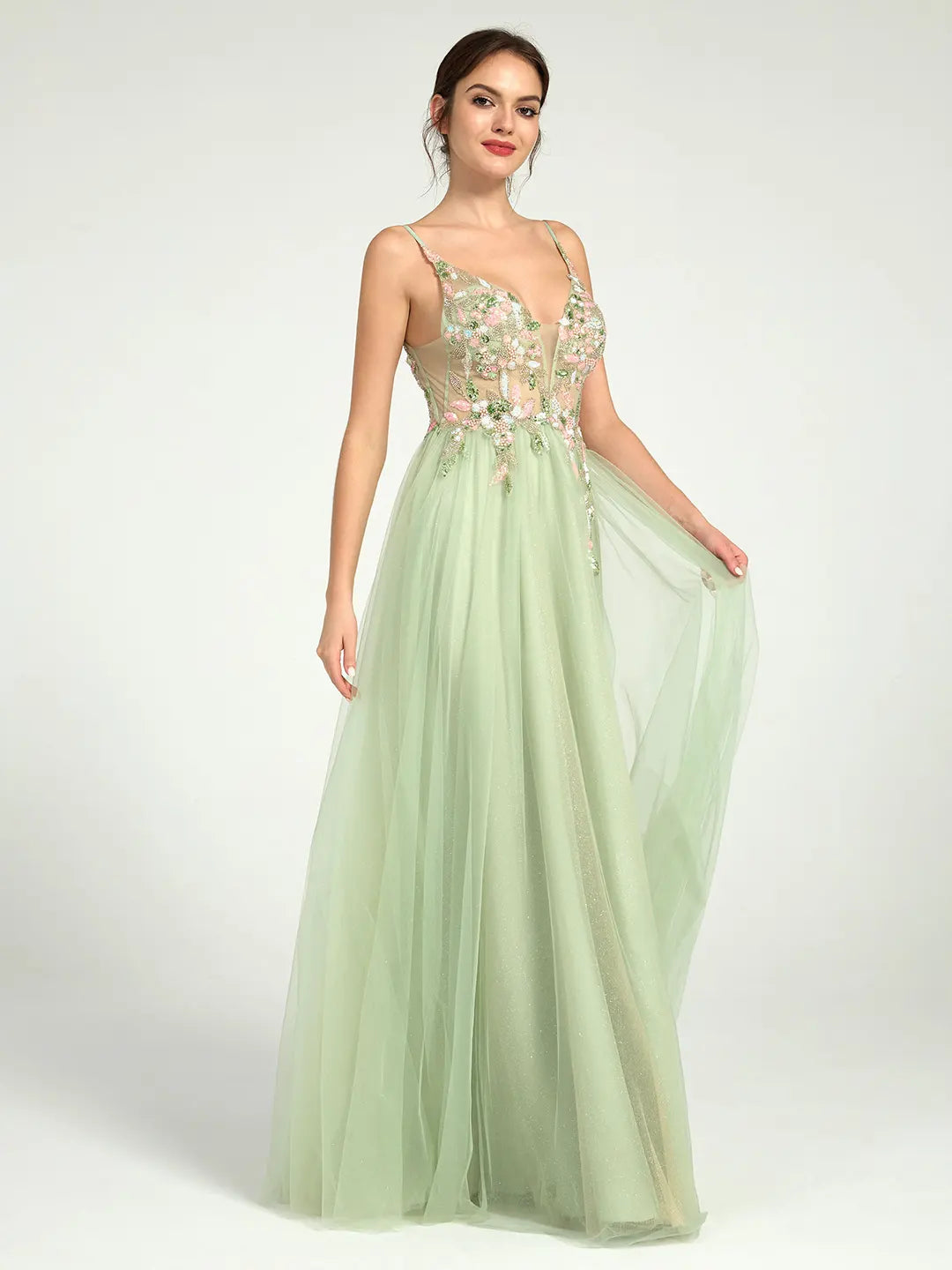 Beaded Floral A-Line Maxi Dress with Plunge Neck and Open Back