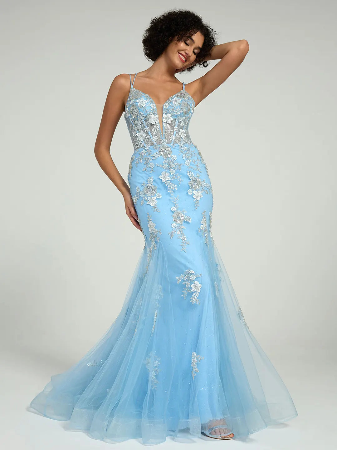 Beaded Floral Lace Mermaid Prom Dress with Open Back