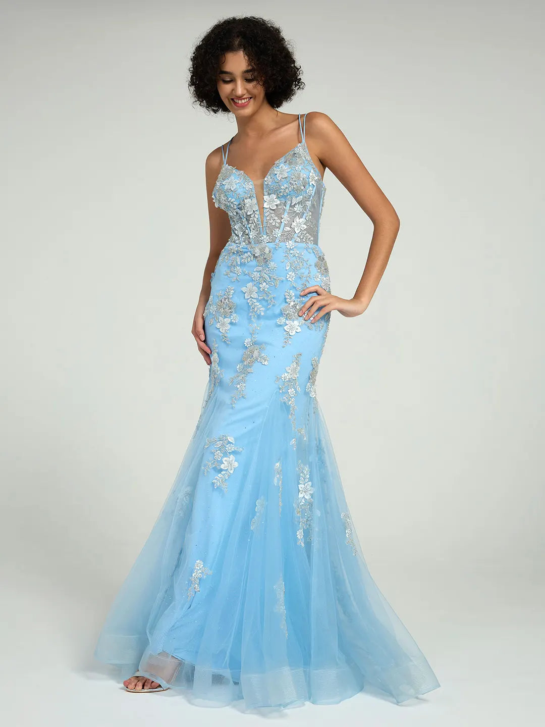 Beaded Floral Lace Mermaid Prom Dress with Open Back