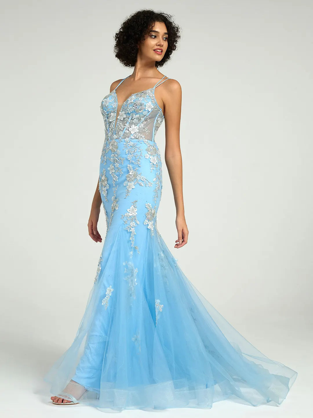 Beaded Floral Lace Mermaid Prom Dress with Open Back