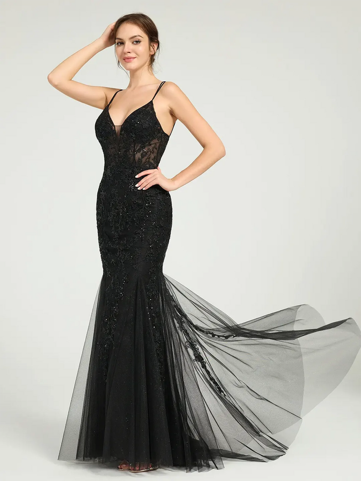 Black V-Neck Lace-Up Mermaid Tulle Maxi Formal Prom Dress with Sequin Lace