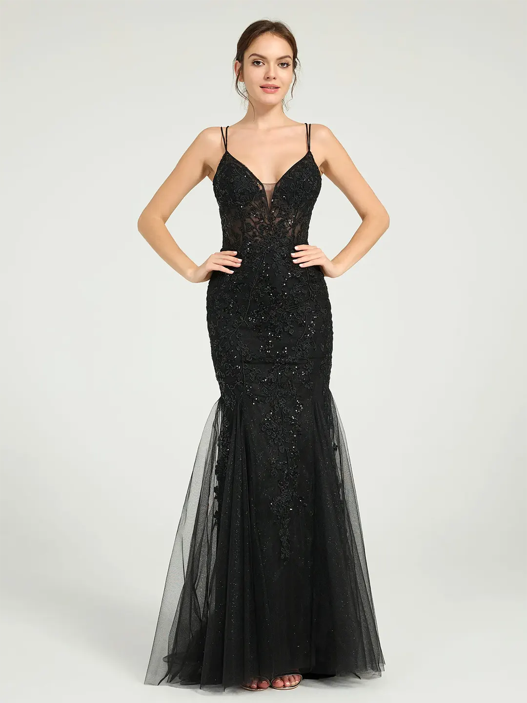 Black V-Neck Lace-Up Mermaid Tulle Maxi Formal Prom Dress with Sequin Lace