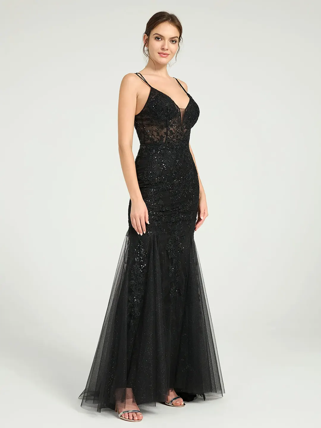 Black V-Neck Lace-Up Mermaid Tulle Maxi Formal Prom Dress with Sequin Lace