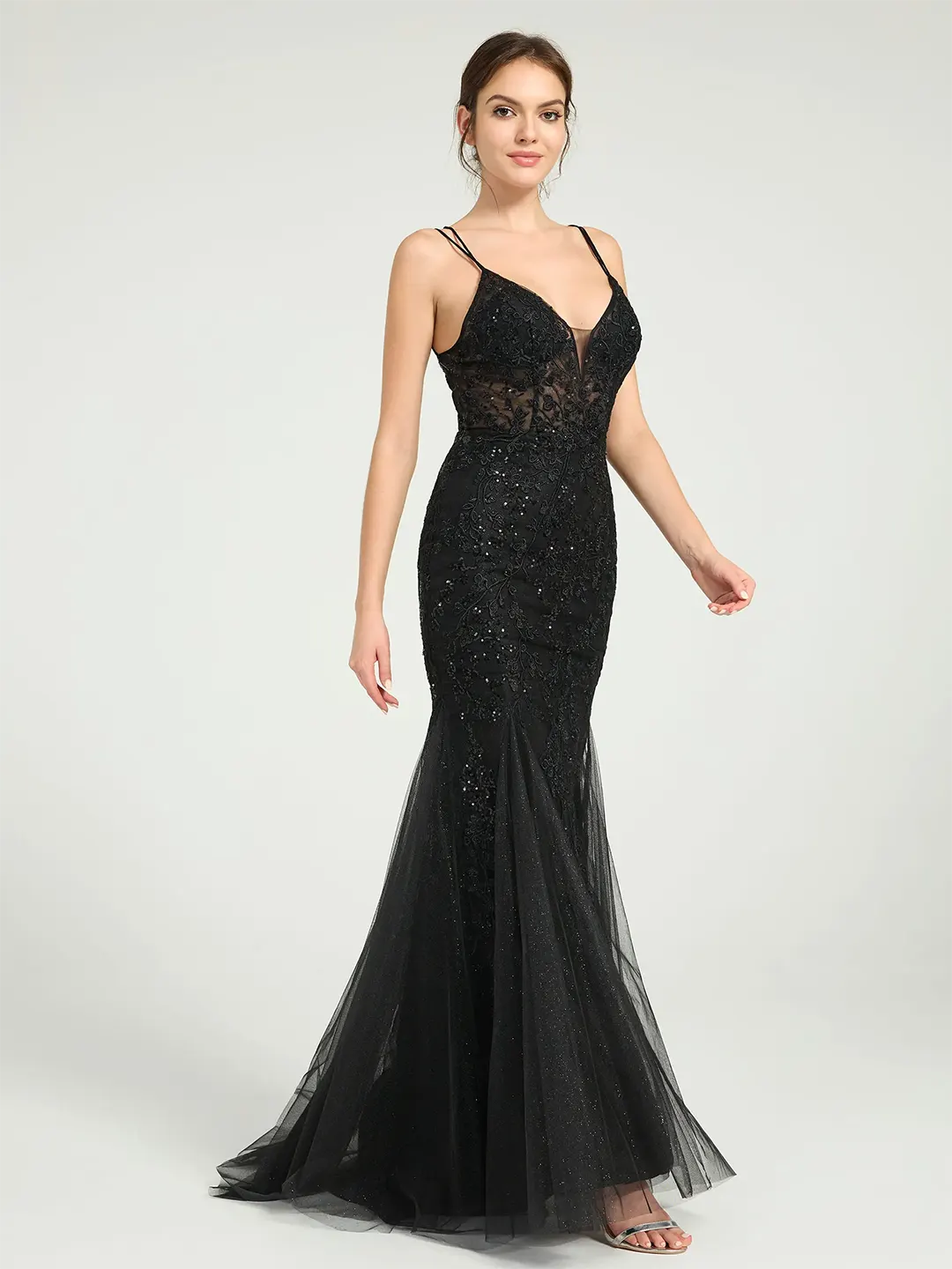 Black V-Neck Lace-Up Mermaid Tulle Maxi Formal Prom Dress with Sequin Lace