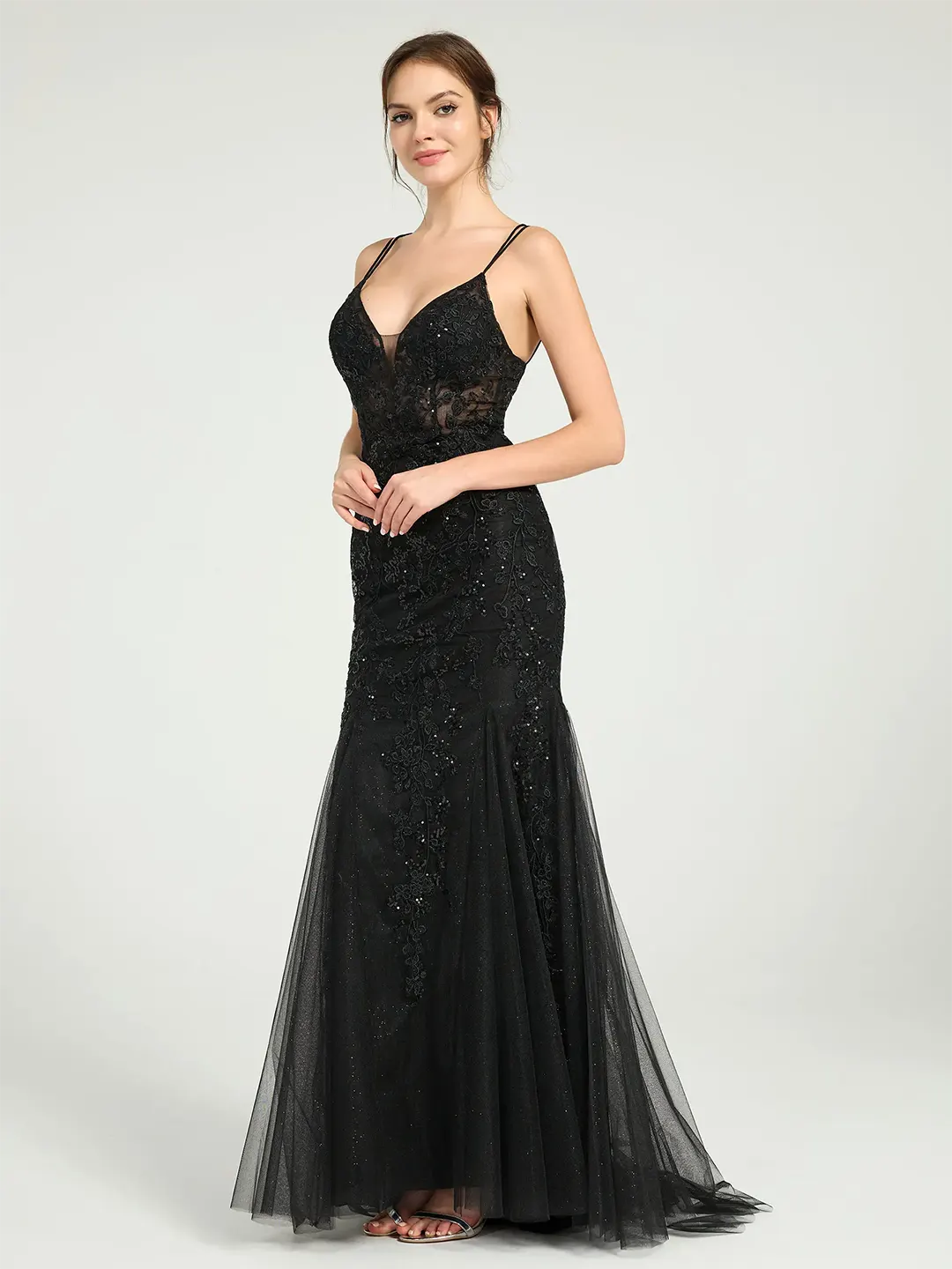 Black V-Neck Lace-Up Mermaid Tulle Maxi Formal Prom Dress with Sequin Lace