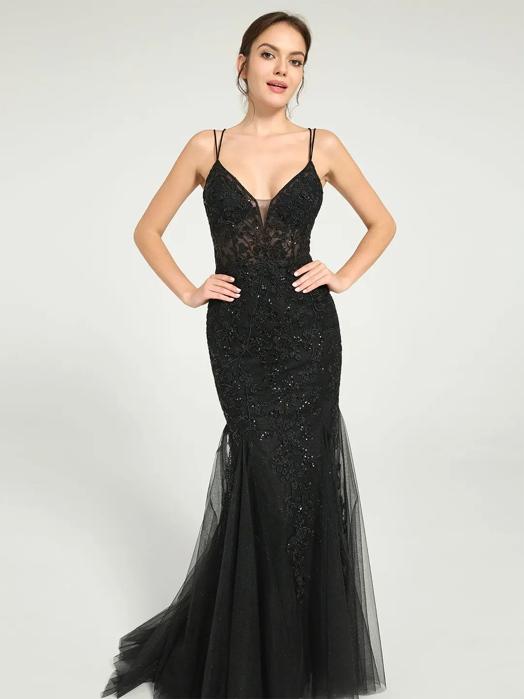 Black V-Neck Lace-Up Mermaid Tulle Maxi Formal Prom Dress with Sequin Lace