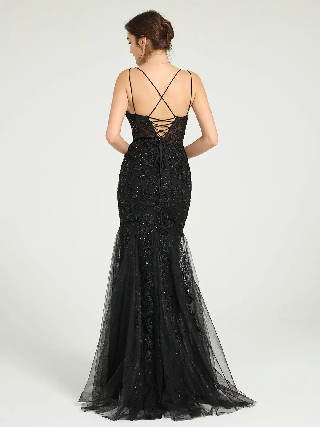 Black V-Neck Lace-Up Mermaid Tulle Maxi Formal Prom Dress with Sequin Lace