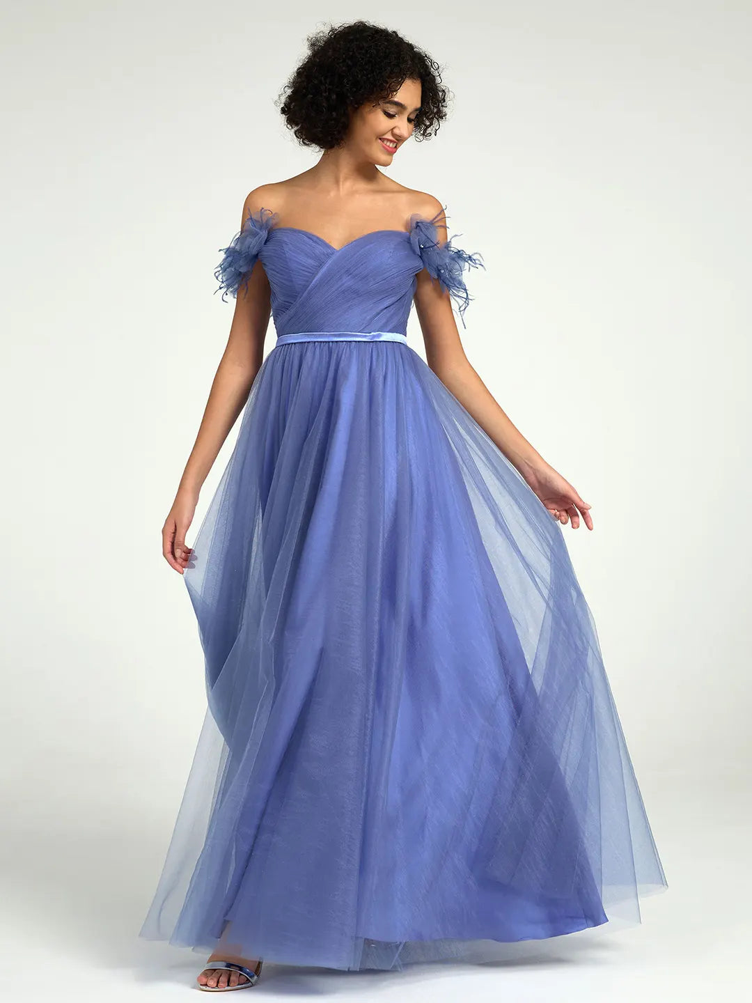 Off-Shoulder Tulle A-Line Gown with 3D Floral Appliques & Feather Accents