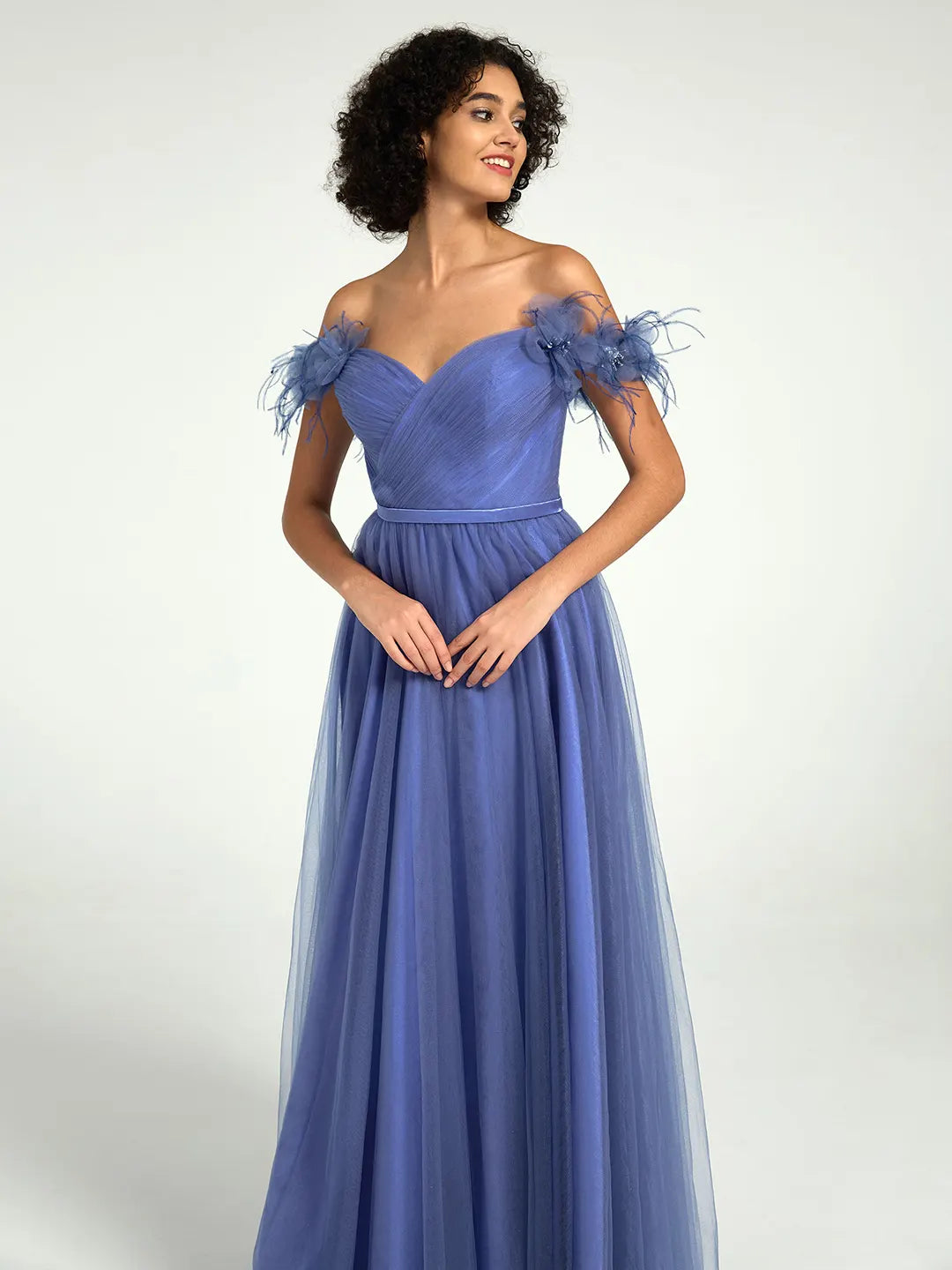 Off-Shoulder Tulle A-Line Gown with 3D Floral Appliques & Feather Accents