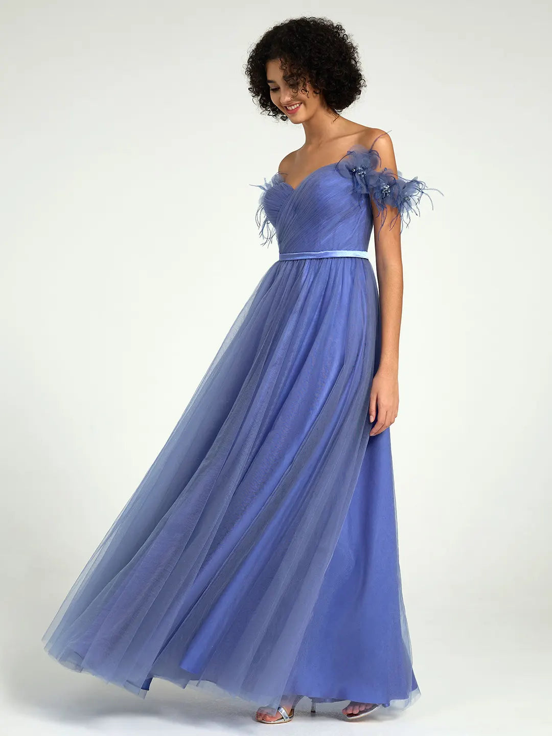 Off-Shoulder Tulle A-Line Gown with 3D Floral Appliques & Feather Accents