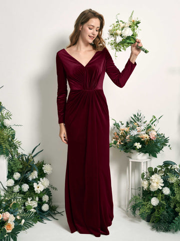 Burgundy Bridesmaid Dresses Mermaid/Trumpet V-neck Long Sleeves Velvet Dresses (82220413)#color_burgundy