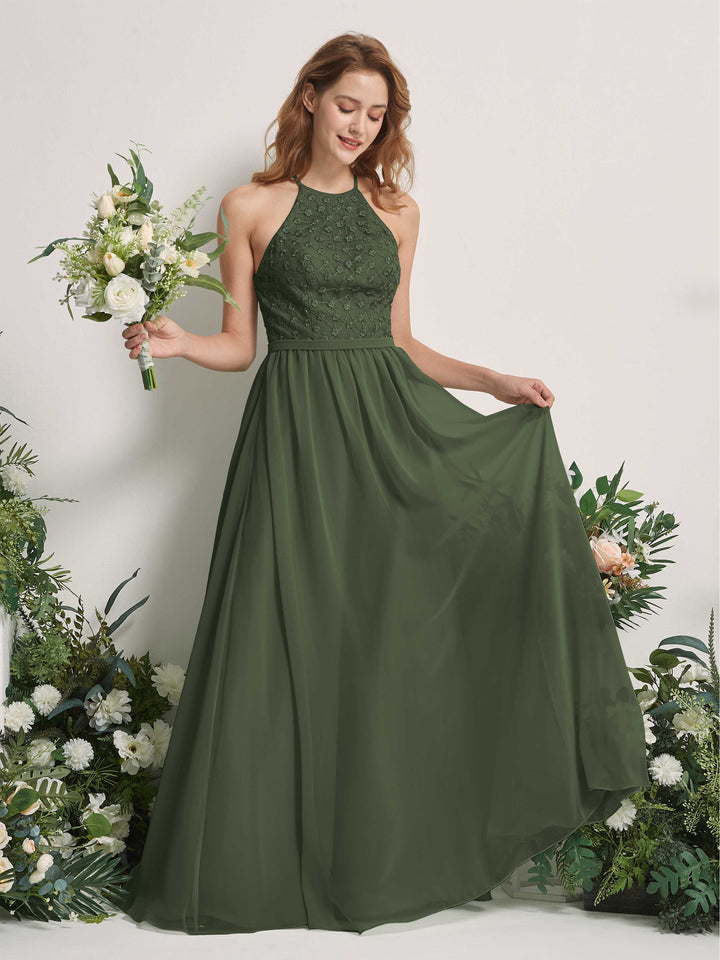 Martini Olive Bridesmaid Dresses A-line Halter Sleeveless Chiffon Dresses (83220807)