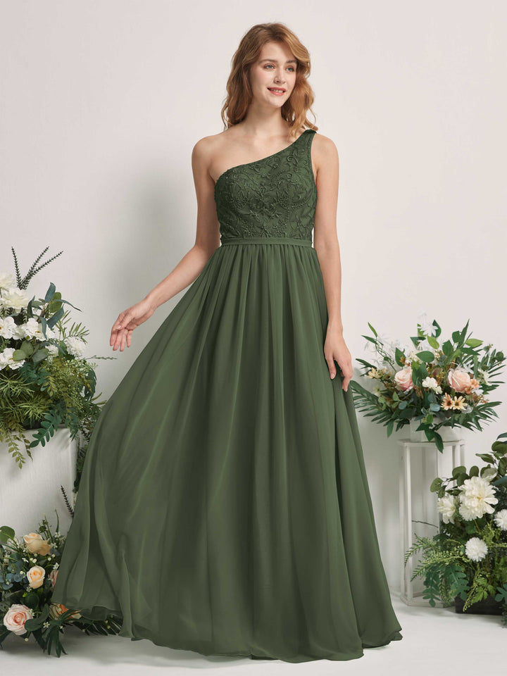 Martini Olive Bridesmaid Dresses A-line Open back One Shoulder Sleeveless Dresses (83220507)