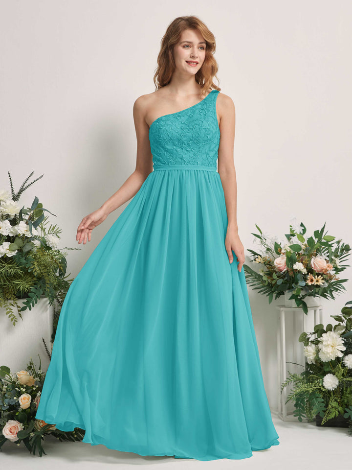 Carlyna Bonita A-Line Turquoise Embroidered Bridesmaid Dress Maxi Sleeveless One Shoulder Dress 