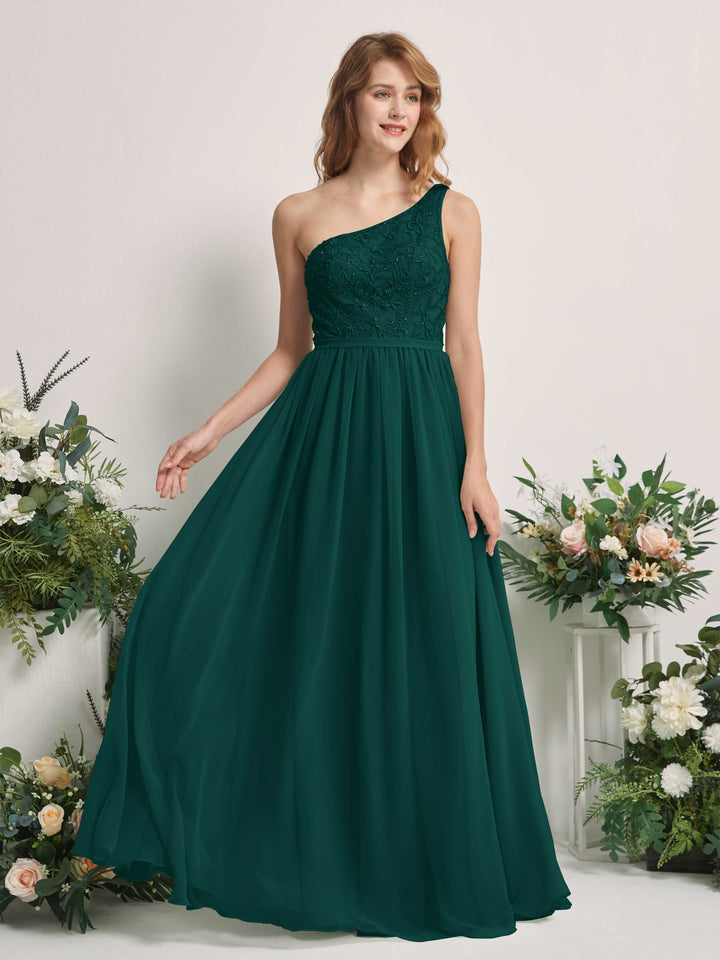 Dark Emerald Bridesmaid Dresses A-line Open back One Shoulder Sleeveless Dresses (83220517)