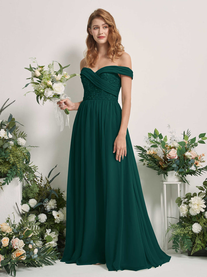 Dark Emerald Bridesmaid Dresses Ball Gown Off Shoulder Sleeveless Chiffon Dresses (83220417)