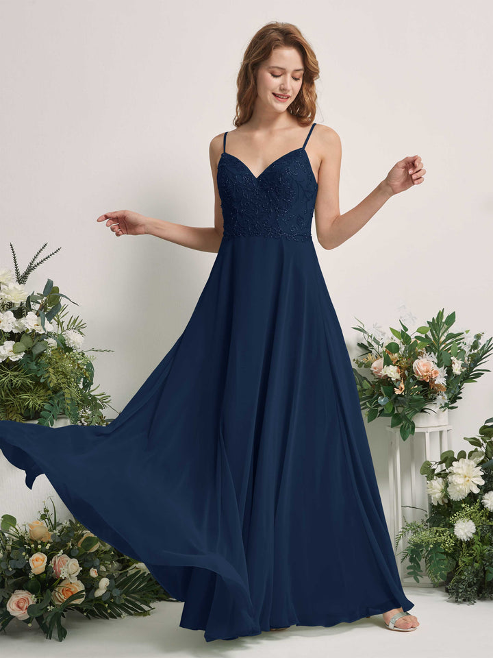 Navy Bridesmaid Dresses A-line Open back Spaghetti-straps Sleeveless Dresses (83221113)