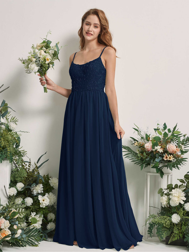 Navy Bridesmaid Dresses A-line Spaghetti-straps Sleeveless Chiffon Dresses (83221213)