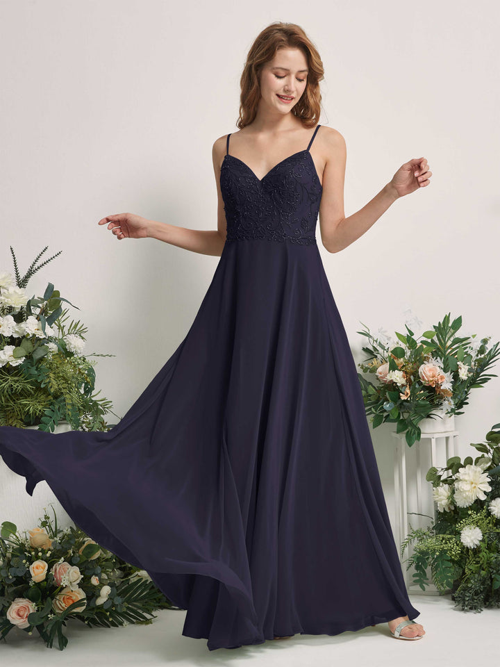 Dark Navy Bridesmaid Dresses A-line Open back Spaghetti-straps Sleeveless Dresses (83221118)