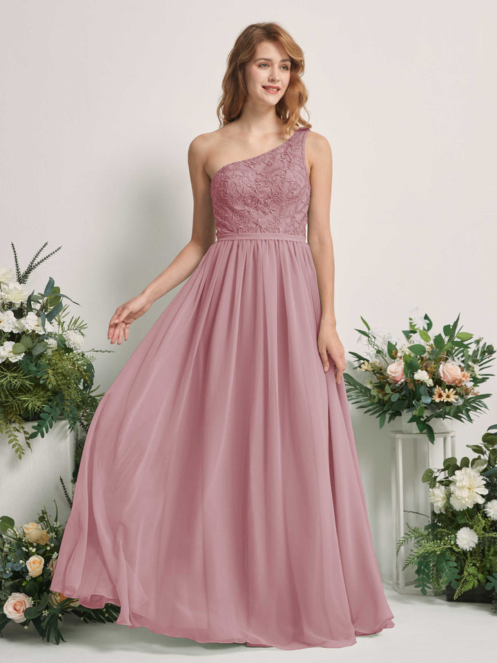 Carlyna Bonita A-Line Vintage Mauve Embroidered Bridesmaid Dress Maxi Sleeveless One Shoulder Dress 