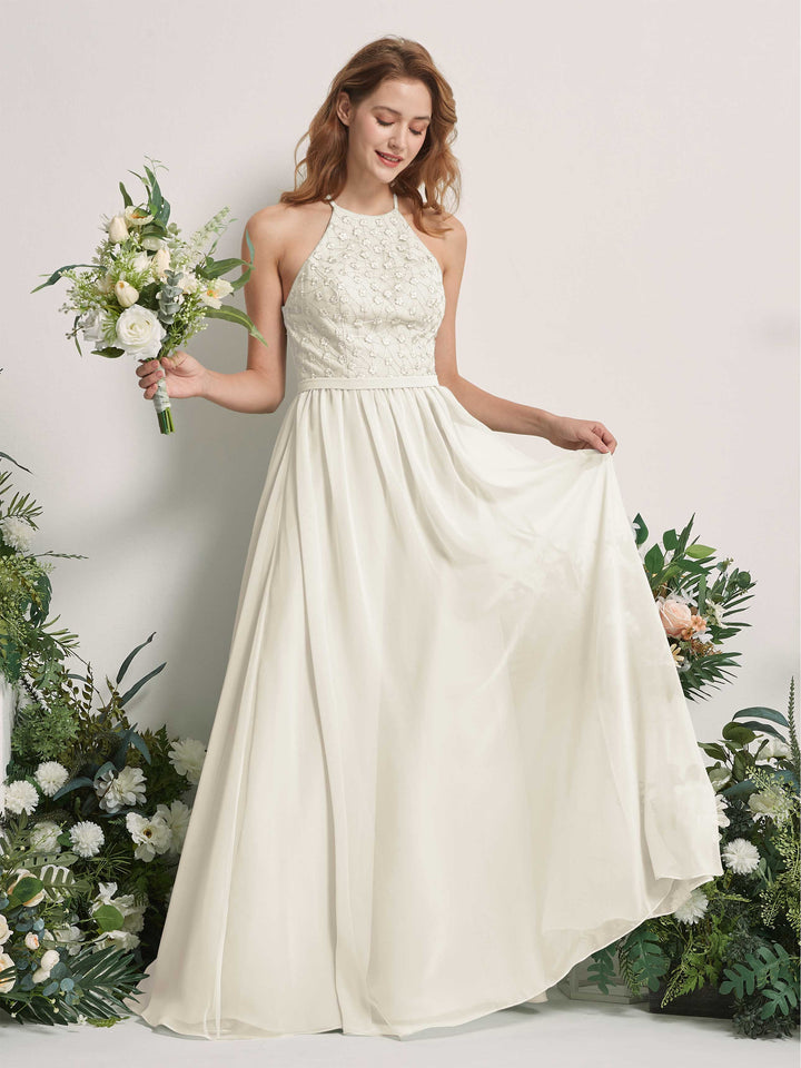 Ivory Bridesmaid Dresses A-line Halter Sleeveless Chiffon Dresses (83220826)