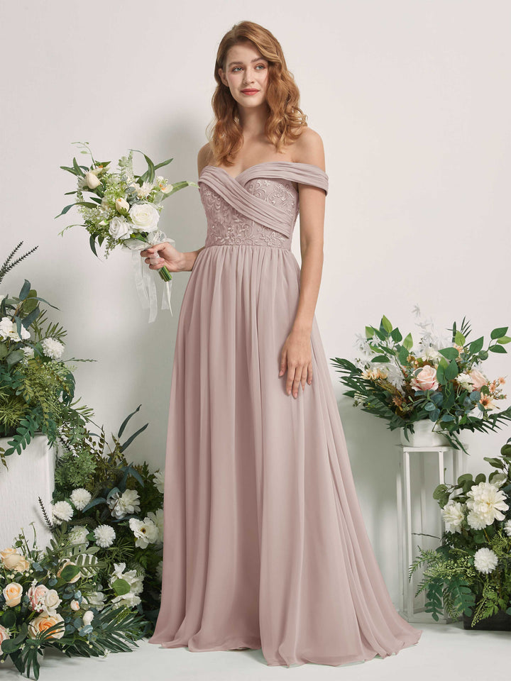 Taupe Bridesmaid Dresses Ball Gown Off Shoulder Sleeveless Chiffon Dresses (83220424)