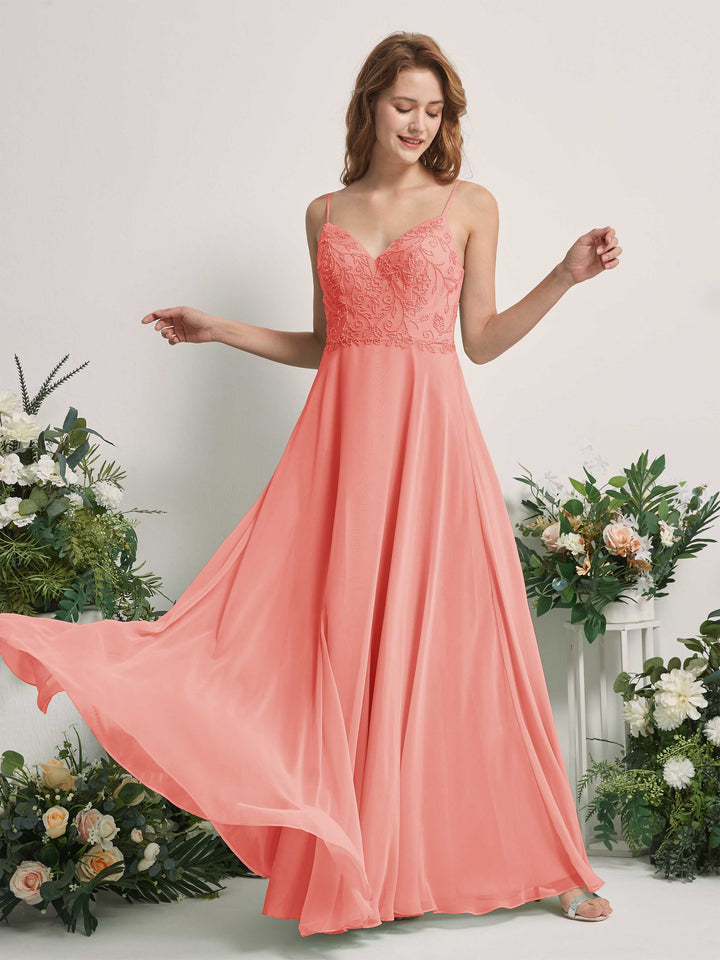 Peach Pink Bridesmaid Dresses A-line Open back Spaghetti-straps Sleeveless Dresses (83221129)