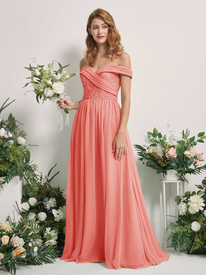 Peach Pink Bridesmaid Dresses Ball Gown Off Shoulder Sleeveless Chiffon Dresses (83220429)