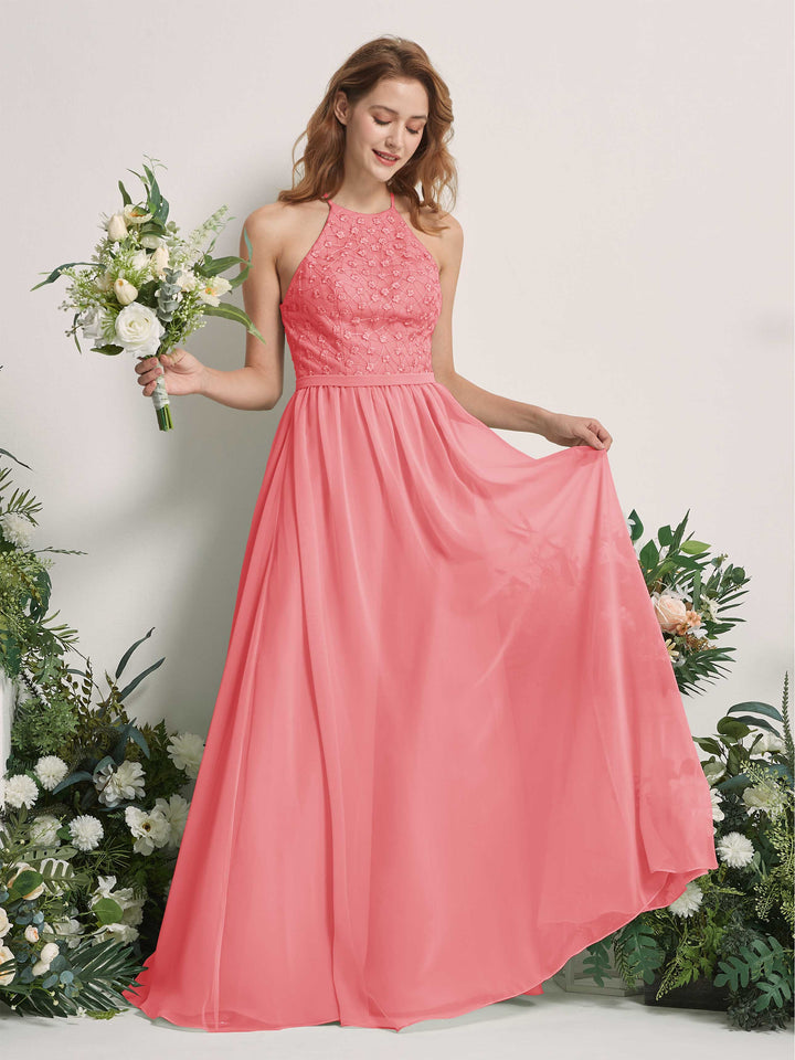 Coral Pink Bridesmaid Dresses A-line Halter Sleeveless Chiffon Dresses (83220830)