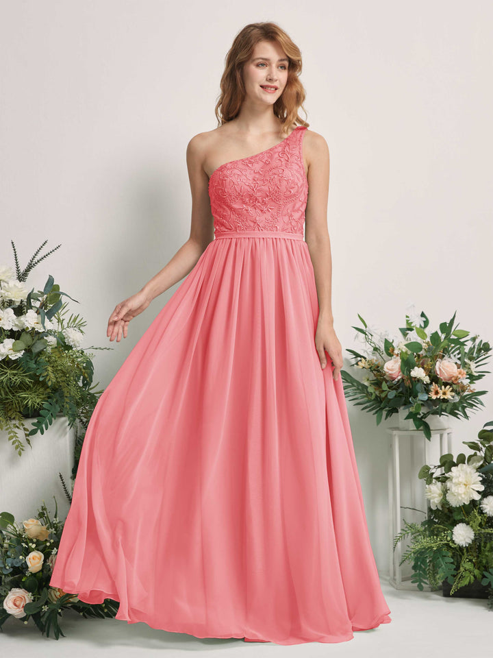 Coral Pink Bridesmaid Dresses A-line Open back One Shoulder Sleeveless Dresses (83220530)