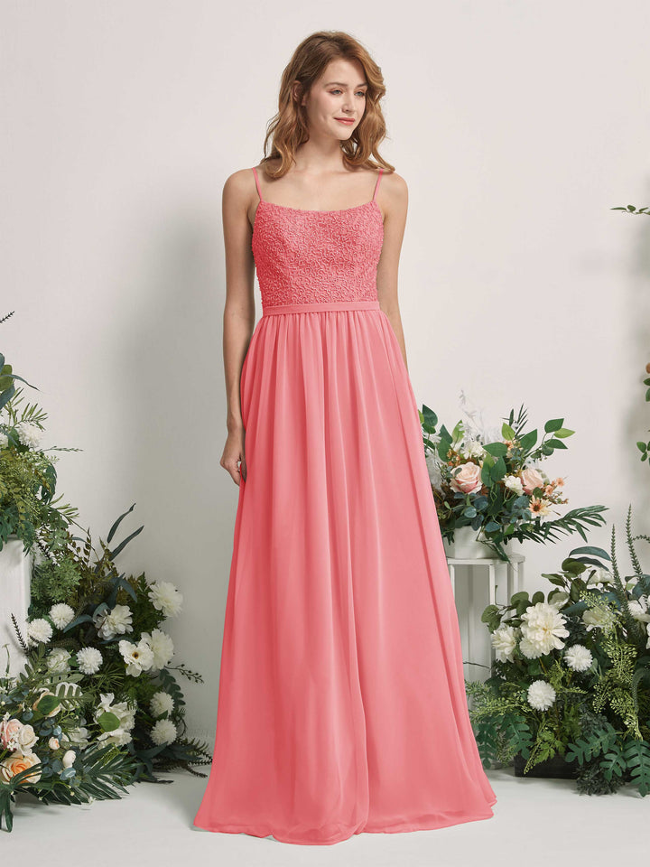 Coral Pink Bridesmaid Dresses A-line Open back Spaghetti-straps Sleeveless Dresses (83220130)