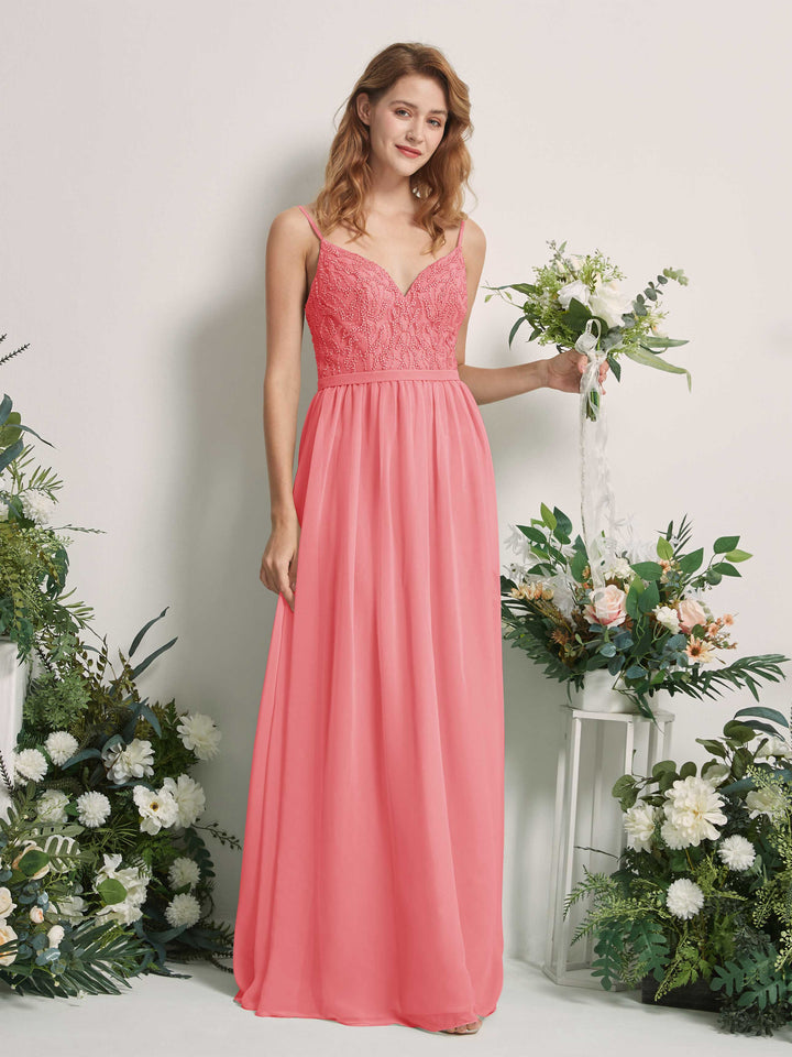 Coral Pink Bridesmaid Dresses A-line Spaghetti-straps Sleeveless Chiffon Dresses (81226530)