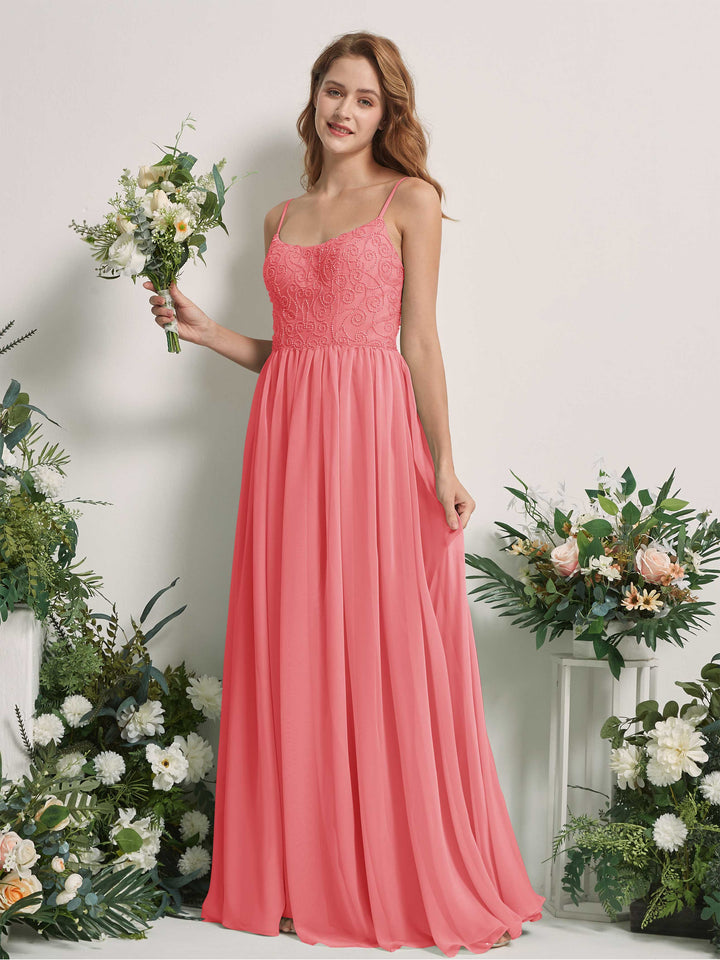 Coral Pink Bridesmaid Dresses A-line Spaghetti-straps Sleeveless Chiffon Dresses (83221230)