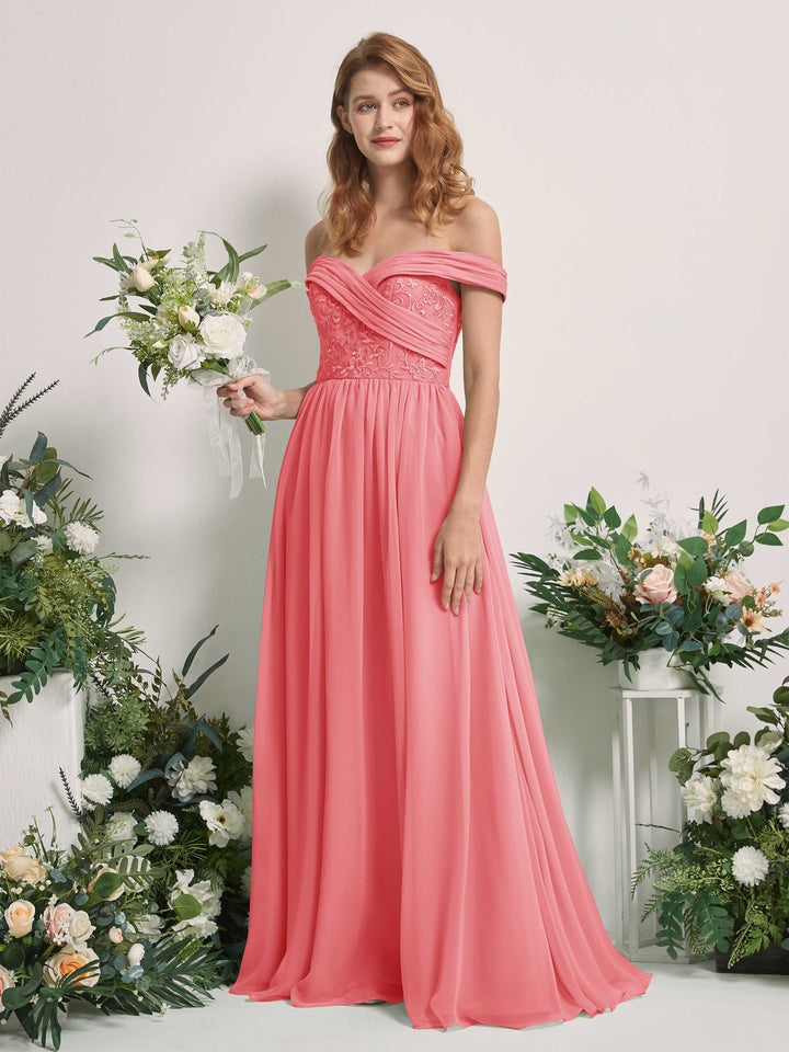Coral Pink Bridesmaid Dresses Ball Gown Off Shoulder Sleeveless Chiffon Dresses (83220430)