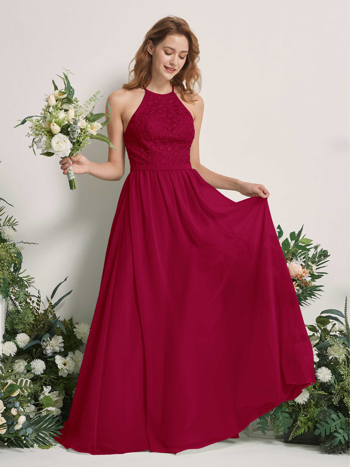 Jester Red Bridesmaid Dresses A-line Halter Sleeveless Chiffon Dresses (83220841)