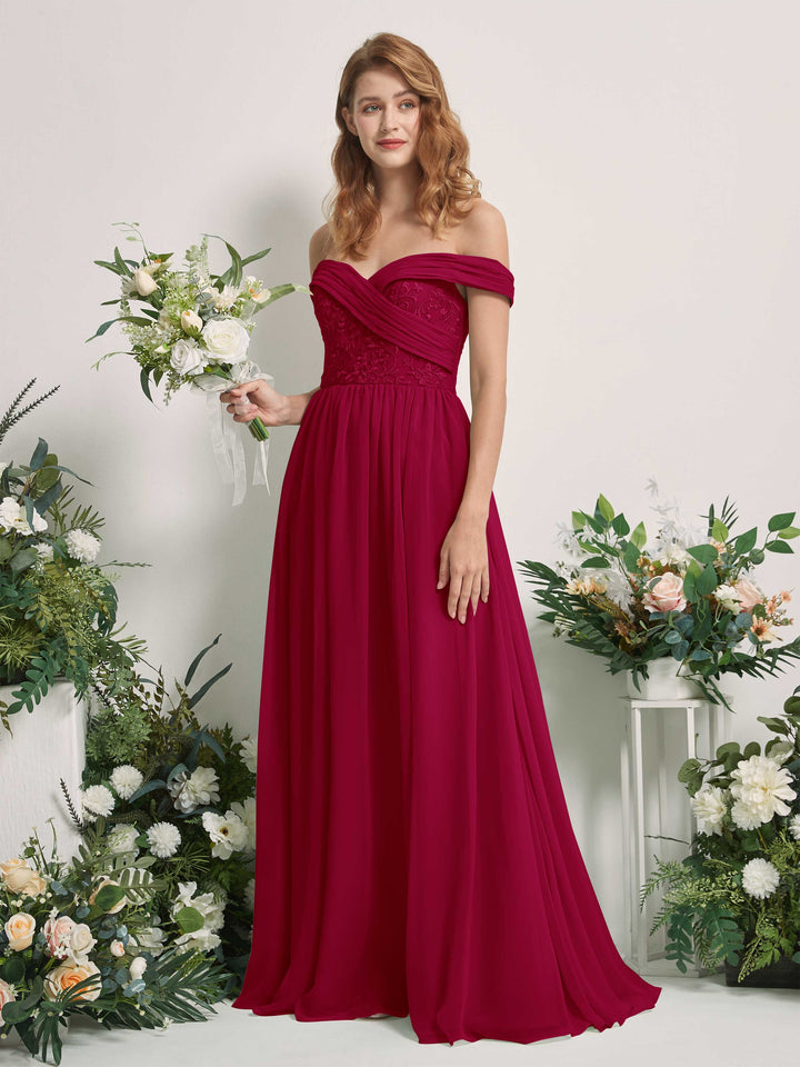 Jester Red Bridesmaid Dresses Ball Gown Off Shoulder Sleeveless Chiffon Dresses (83220441)