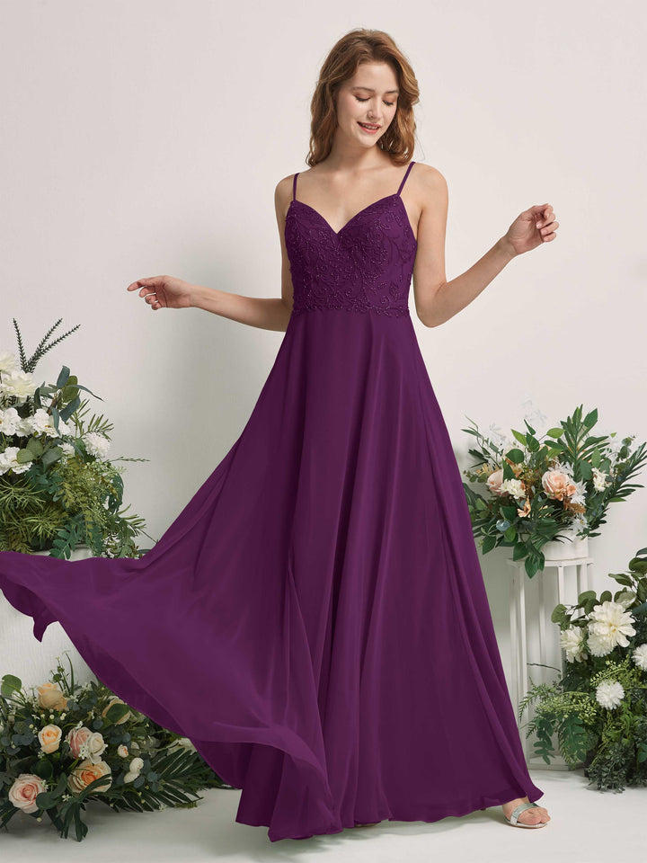 Carlyna Gail A-Line Grape Beaded Bridesmaid Dress Maxi Sleeveless V-Neck Dress 