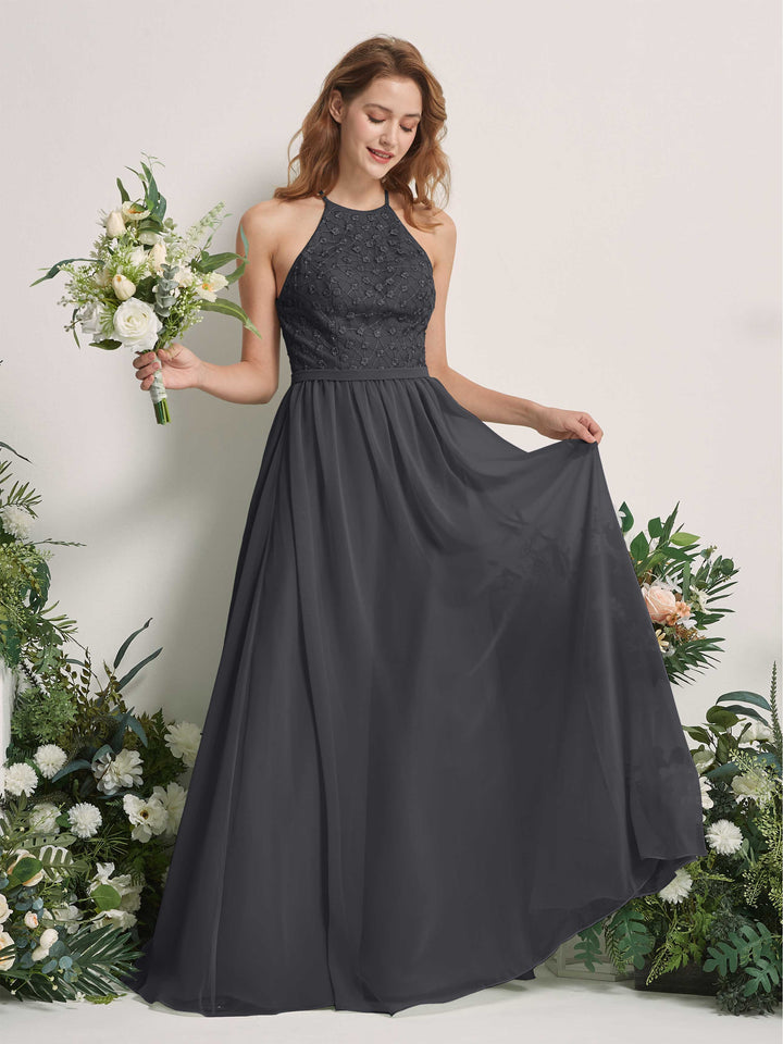 Pewter Bridesmaid Dresses A-line Halter Sleeveless Chiffon Dresses (83220838)