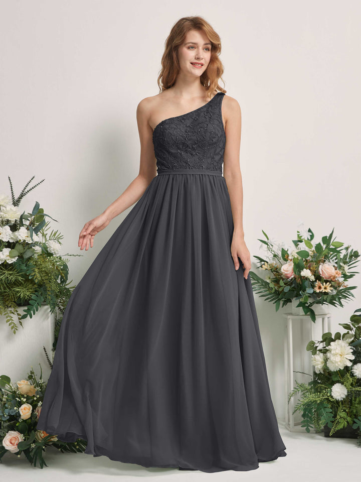 Pewter Bridesmaid Dresses A-line Open back One Shoulder Sleeveless Dresses (83220538)