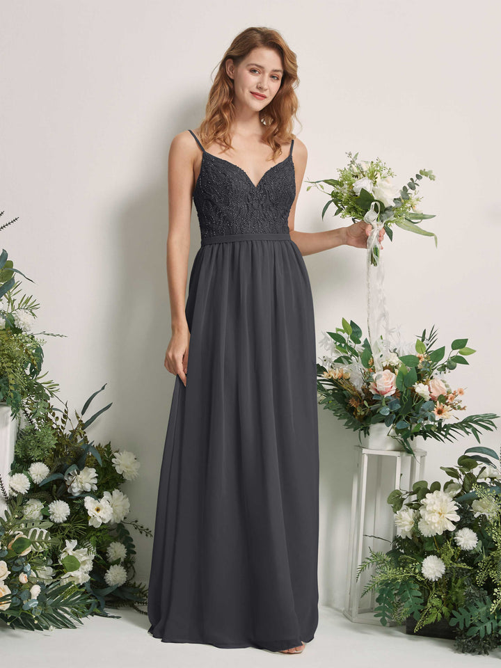 Pewter Bridesmaid Dresses A-line Spaghetti-straps Sleeveless Chiffon Dresses (81226538)