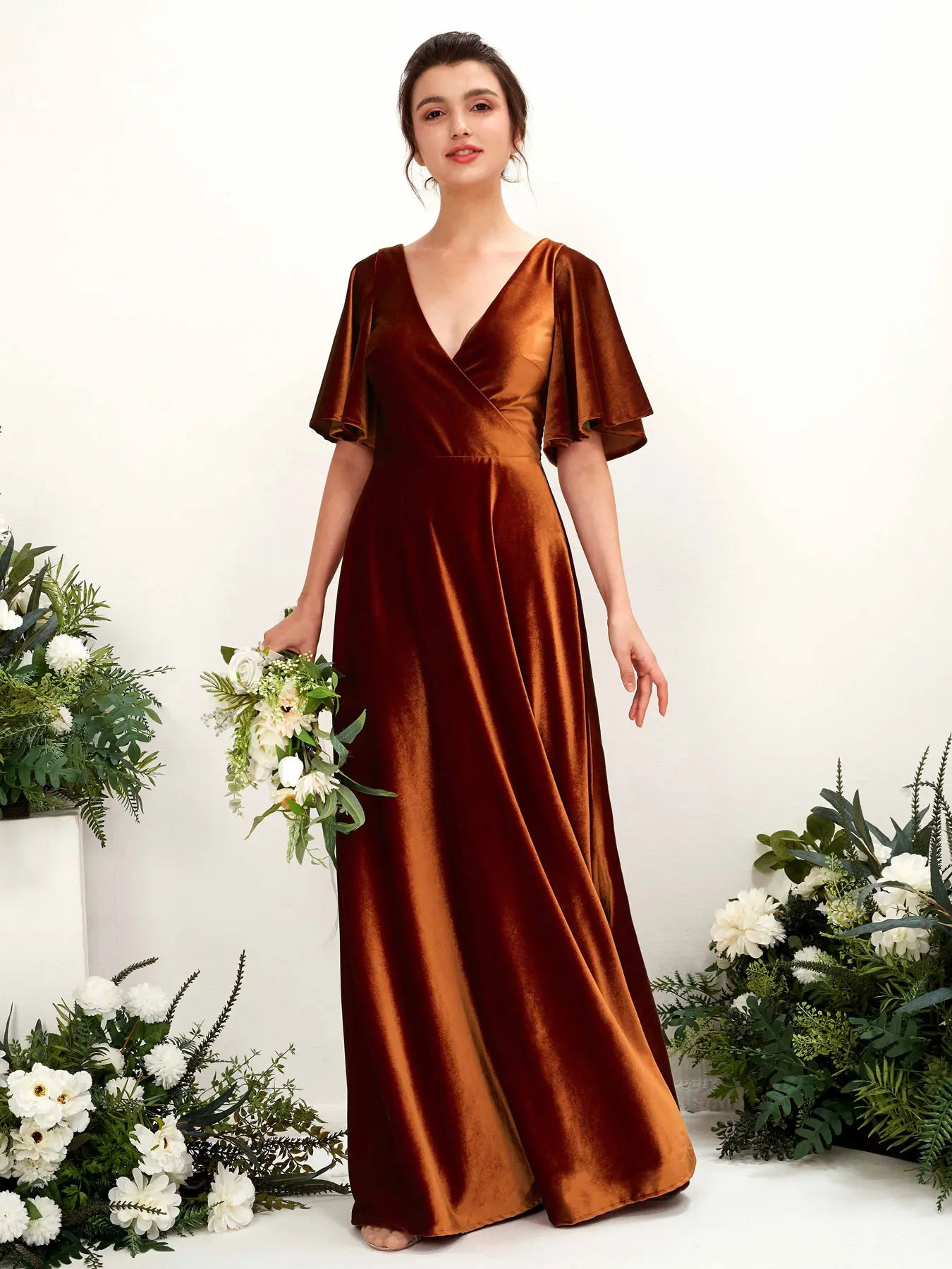 Carlyna Janet A-Line Burant Orange Velvet Bridesmaid Dress Maxi Short Sleeve V-Neck Dress #color_burant-orange