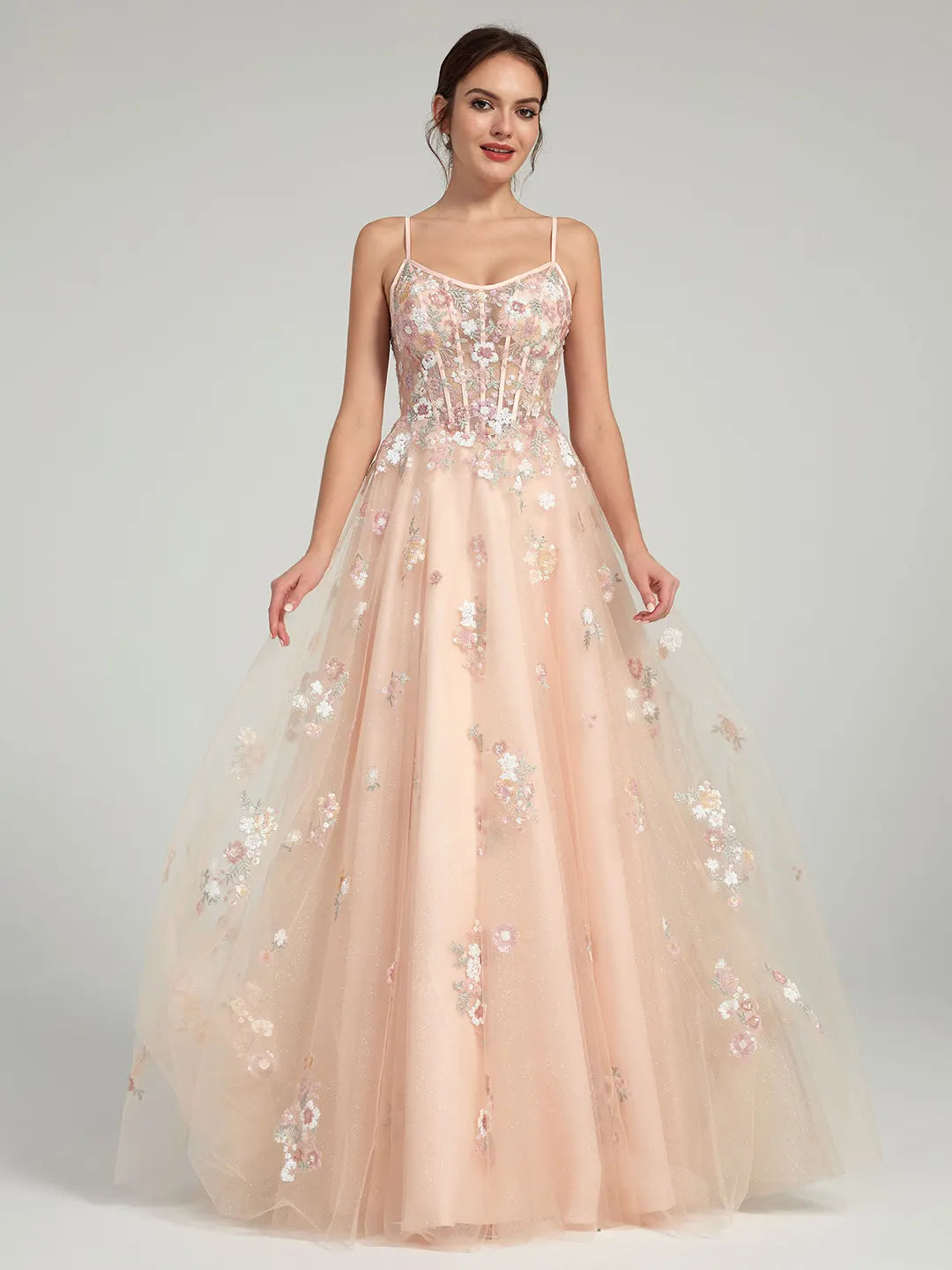 A-Line Ball Gown with Sheer Corset Bodice and Sequin Flowers