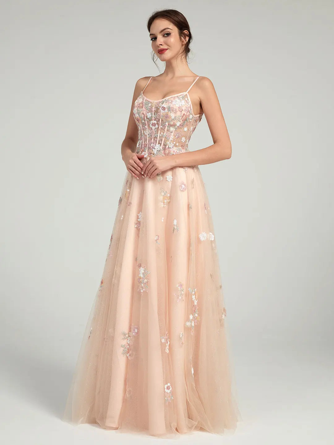 A-Line Ball Gown with Sheer Corset Bodice and Sequin Flowers