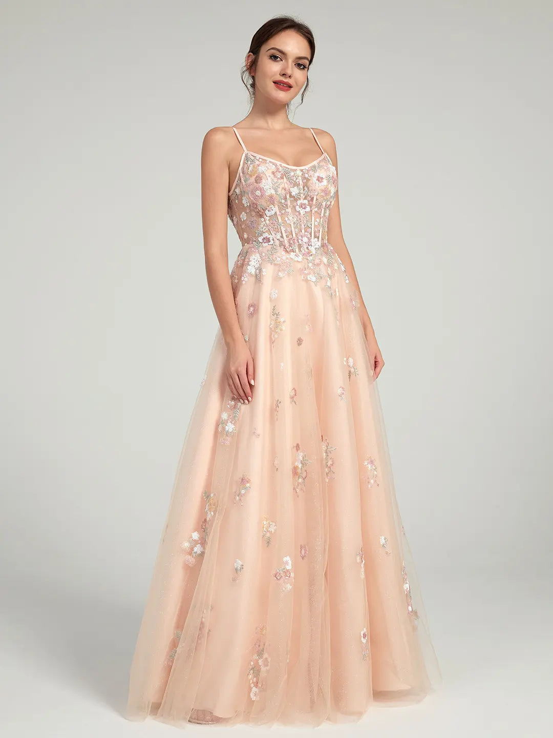 A-Line Ball Gown with Sheer Corset Bodice and Sequin Flowers