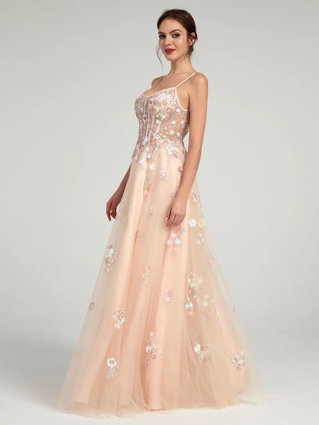 A-Line Ball Gown with Sheer Corset Bodice and Sequin Flowers