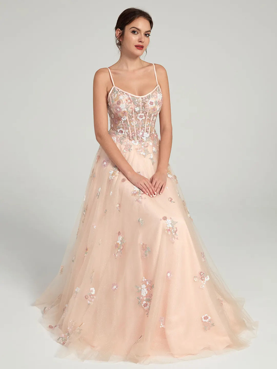 A-Line Ball Gown with Sheer Corset Bodice and Sequin Flowers