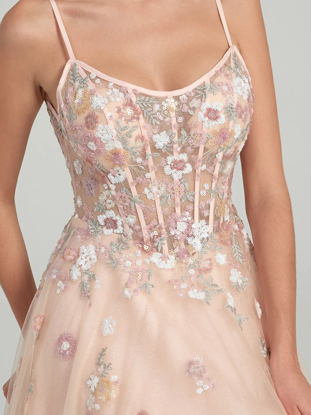 A-Line Ball Gown with Sheer Corset Bodice and Sequin Flowers