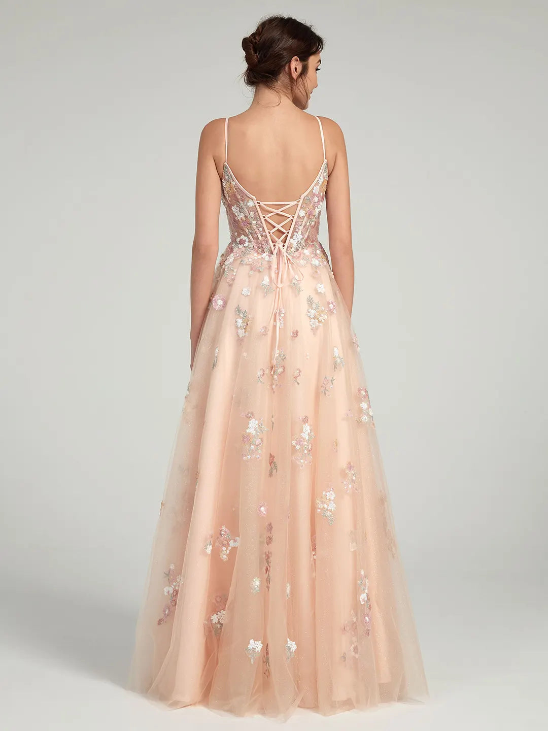 A-Line Ball Gown with Sheer Corset Bodice and Sequin Flowers